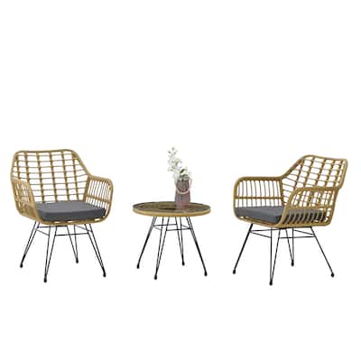 3-Pieces Woven-Belt Rope Wicker Outdoor Bistro Sets with Tempered Glass Coffee Table and 2 Chairs