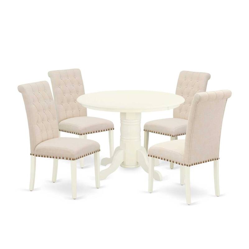 5-Piece Dining Set - Round Table & 4 Parsons Chairs - Light Beige Fabric, White Finish - 25.5