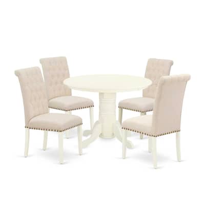 HomeStock 5-Piece Round Buttermilk and Cherry Finish Solid Wood Top Dining Table with 4-Parson Chair with Lattice Back