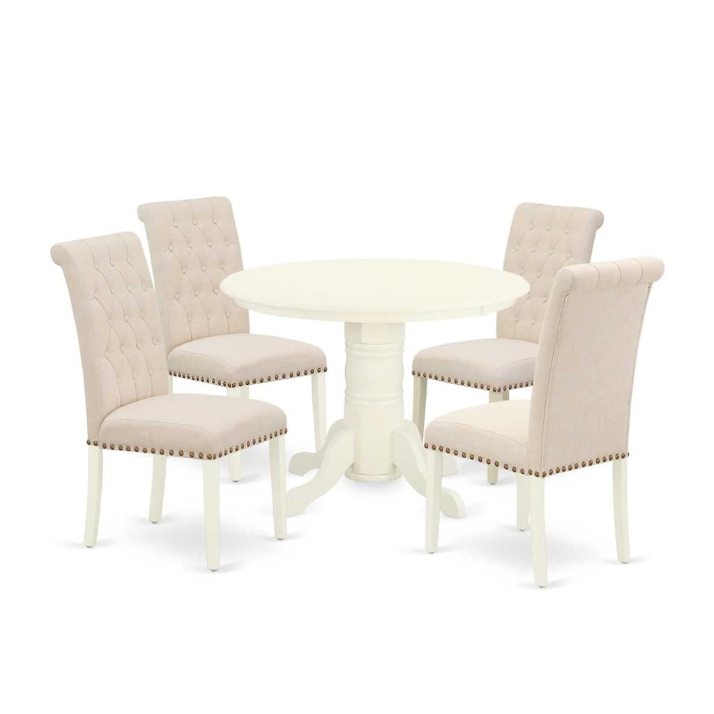 HomeStock 5-Piece Round Buttermilk and Cherry Finish Solid Wood Top Dining Table with 4-Parson Chair with Lattice Back