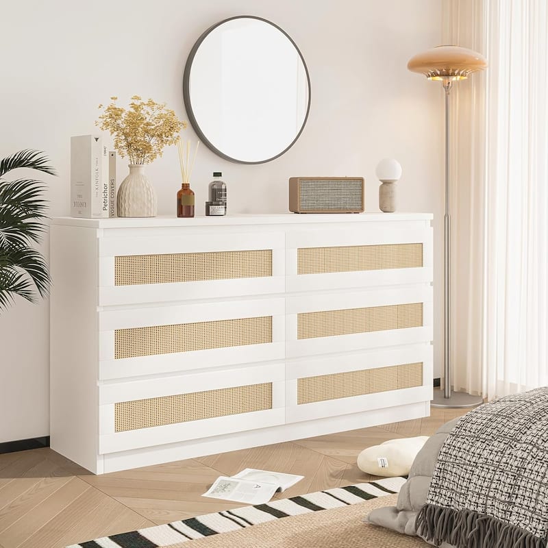 Rattan Dresser for Bedroom, 6 Drawer Double Dresser, Modern Wood Chest of Drawers - White - 6-drawer