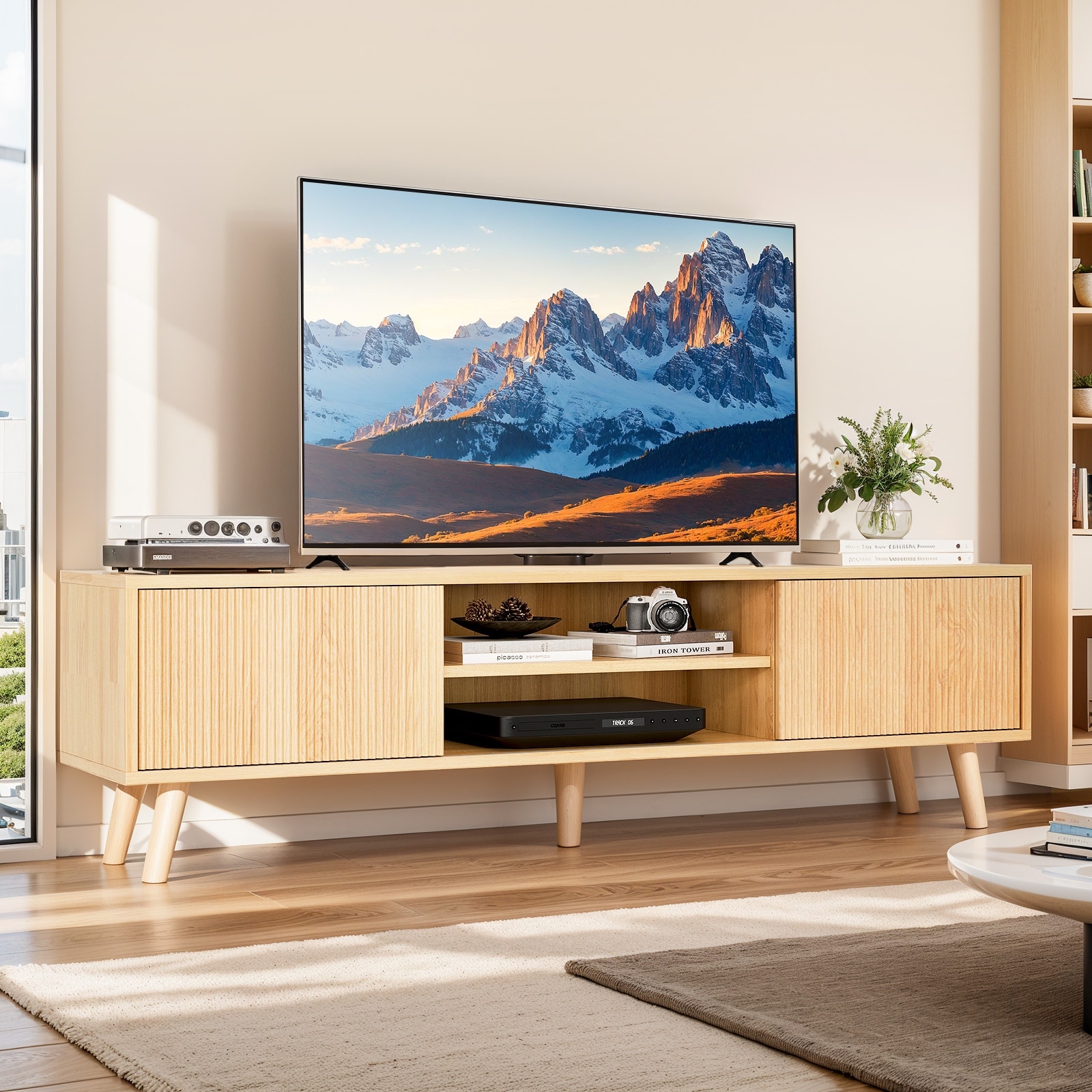 Entertainment Center Wood TV Stand with Fluted Sliding Doors - On