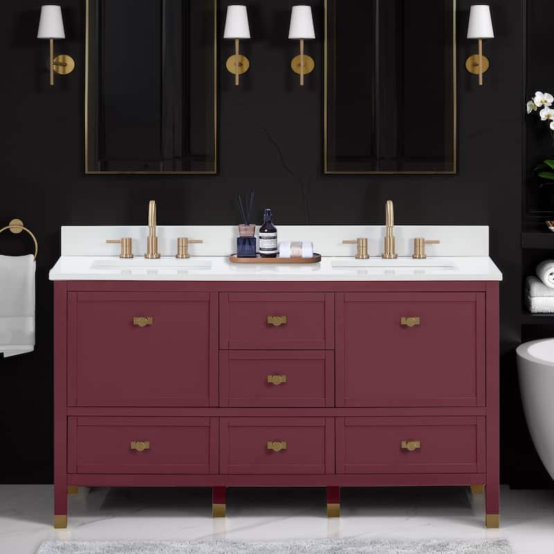 Alana Bathroom Vanity in Burgundy Red with White Engineered Stone Top - 61"W x 22"D x 35"H