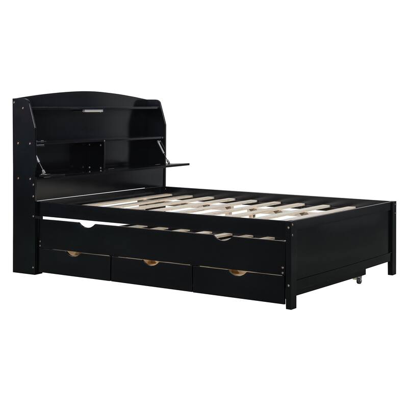 Full Size Espresso Wooden Bed with LED Night Light, Trundle, and Under-Bed Storage Drawers