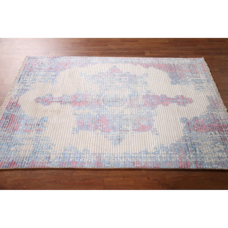 Striped Abstract Indian Accent Rug Handmade Wool Carpet - 3'11"x 5'10"