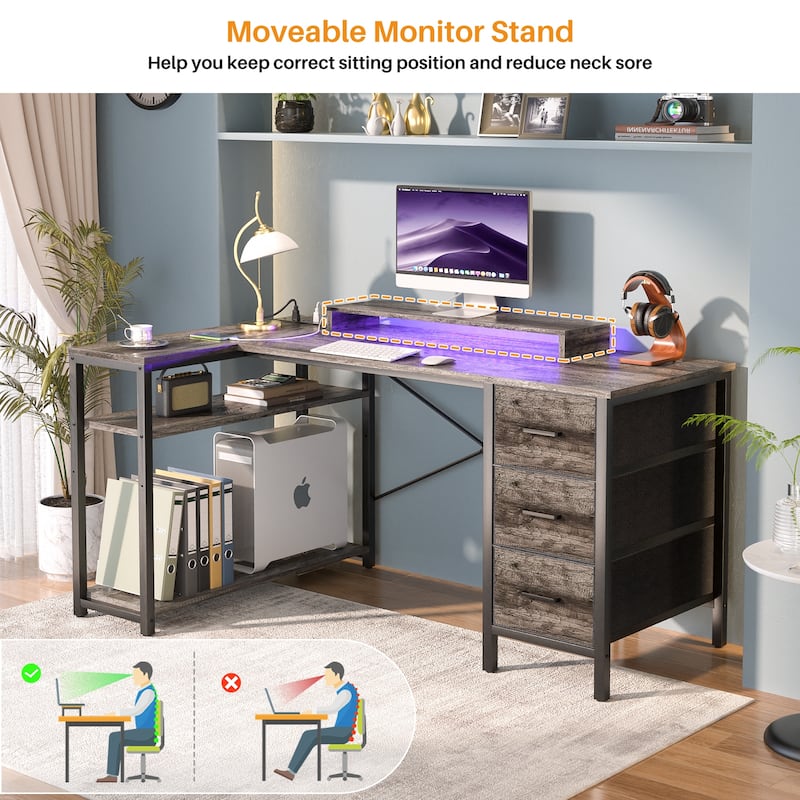 Reversible 53'' L Shaped Computer Desk with Power Outlets & LED Lights,Gaming Desk with 3 Drawers & Monitor Stand