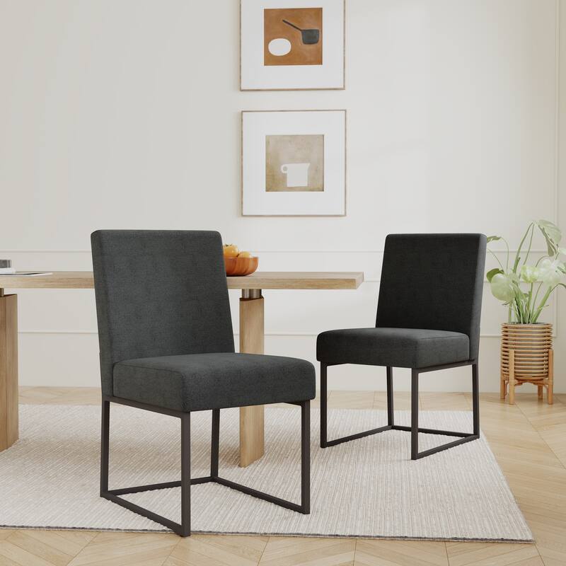 Mid Century Modern Dining Chair with Black Metal Legs - Set of 2 - Dark Grey-unstriped