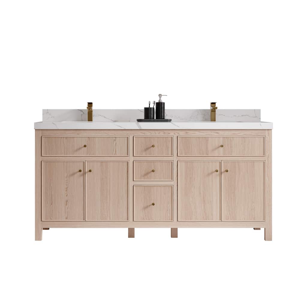 Willow Collections 72 x 22 Sonoma White Oak Wood Double Sink Bathroom Vanity with Quartz or Marble Countertop