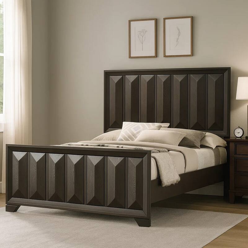Fema King Bed, Vertical Facet Headboard and Footboard, Espresso Brown