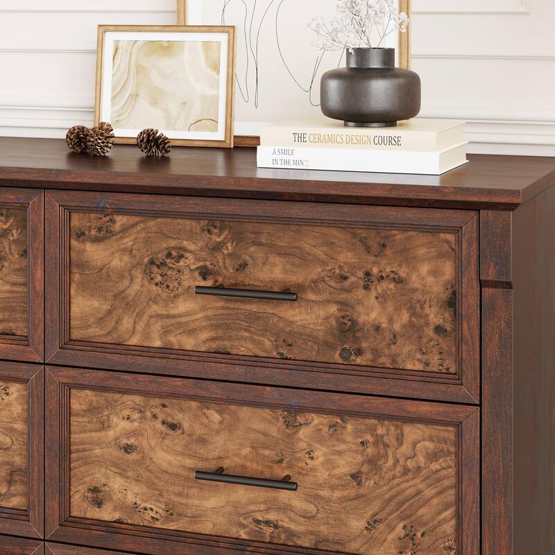 Farmhouse 6 Drawer Dresser for Bedroom, Rustic Chest of Drawers with Metal Handles, Large Double Dresser TV Stand