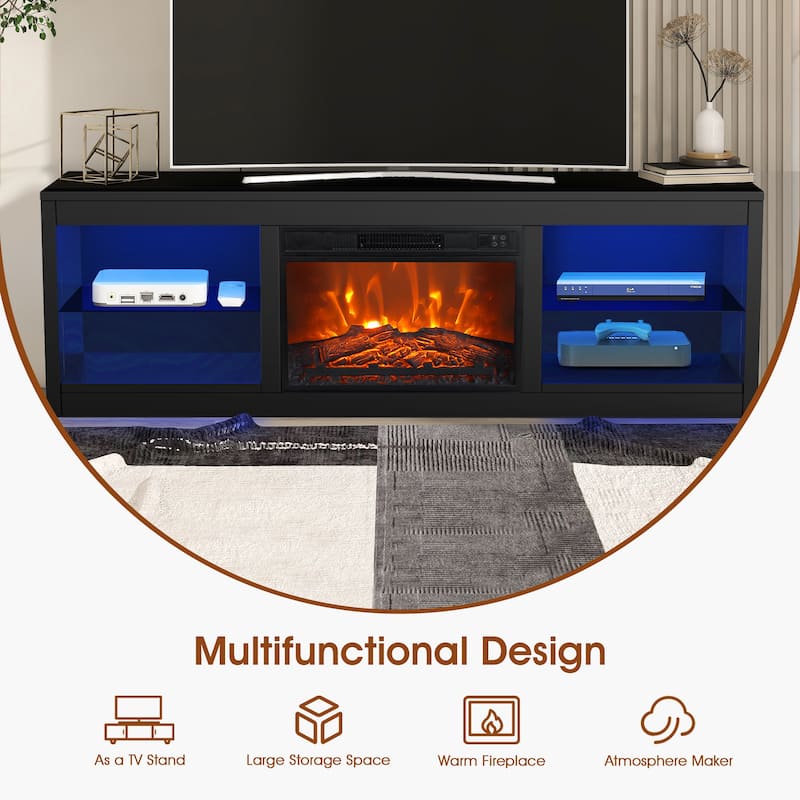 66" Modern Black Electric Fireplace TV Stands Console for 75-inch TV with Remote - 66 in console width