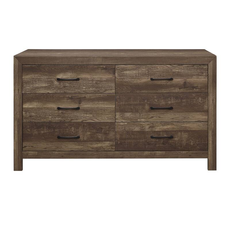6 Drawer Rustic Wooden Double Dresser with Block Legs Support, Brown