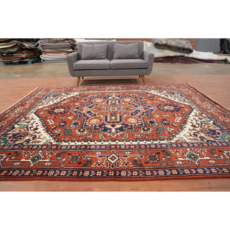 Hand Knotted Oriental 100% Wool Carpet Traditional Medallion Oranges & Rust Heriz (serapi) Area Rug - 9' 10'' X 7' 11''