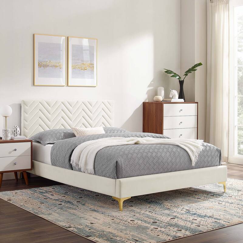 Leah Chevron Tufted Performance Velvet Queen Platform Bed - White