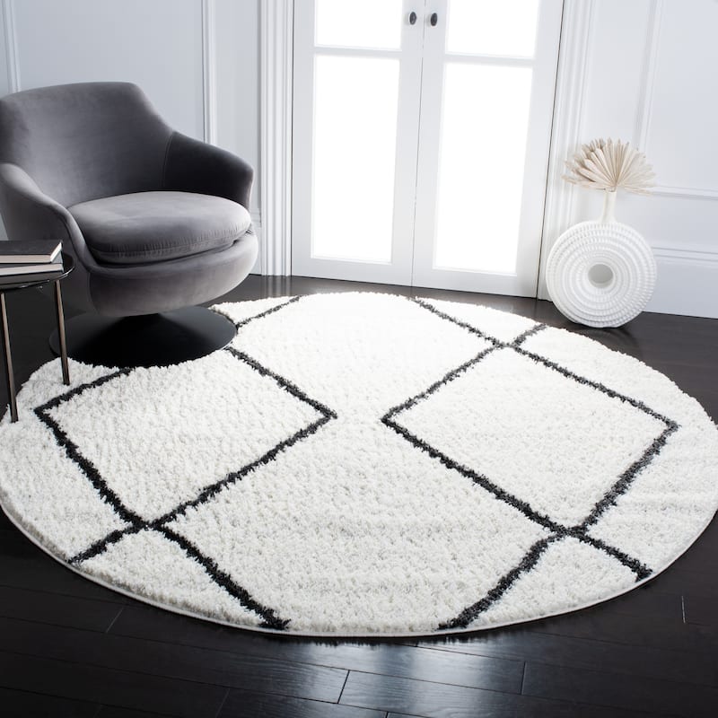 SAFAVIEH August Shag Yukine Trellis 1.26-inch Thick Rug - 6'7" Round - Ivory/Dark Grey