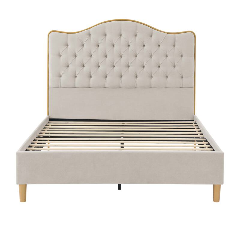 Tufted Upholstered Queen Bed Frame with Curved Headboard