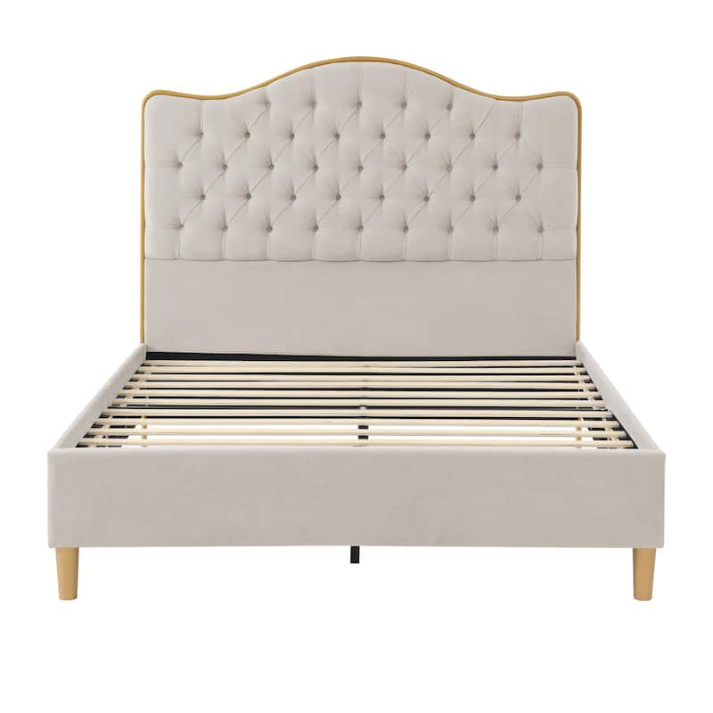 Upholstered Queen Bed Frame with Tufted Headboard and Wooden Legs