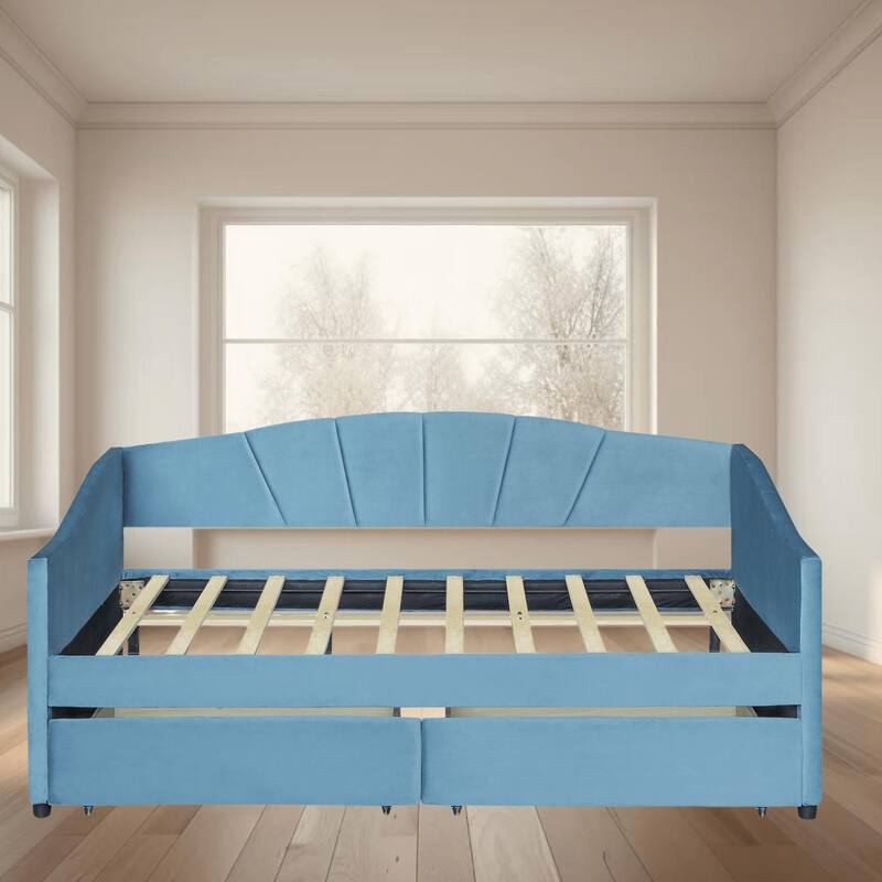Twin Size Upholstered Daybed, Platform Bed with Velvet Fabric, 2 Drawers for Storage, Wooden Slats, for Bedrooms, Guest Rooms - Blue - Twin
