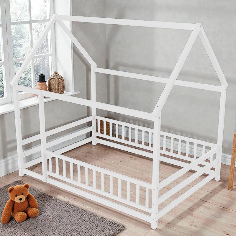 Wooden House Frame Floor Bed with Roof, Fence Guardrails, Pine Wood Kids Platform Bed for Bedroom
