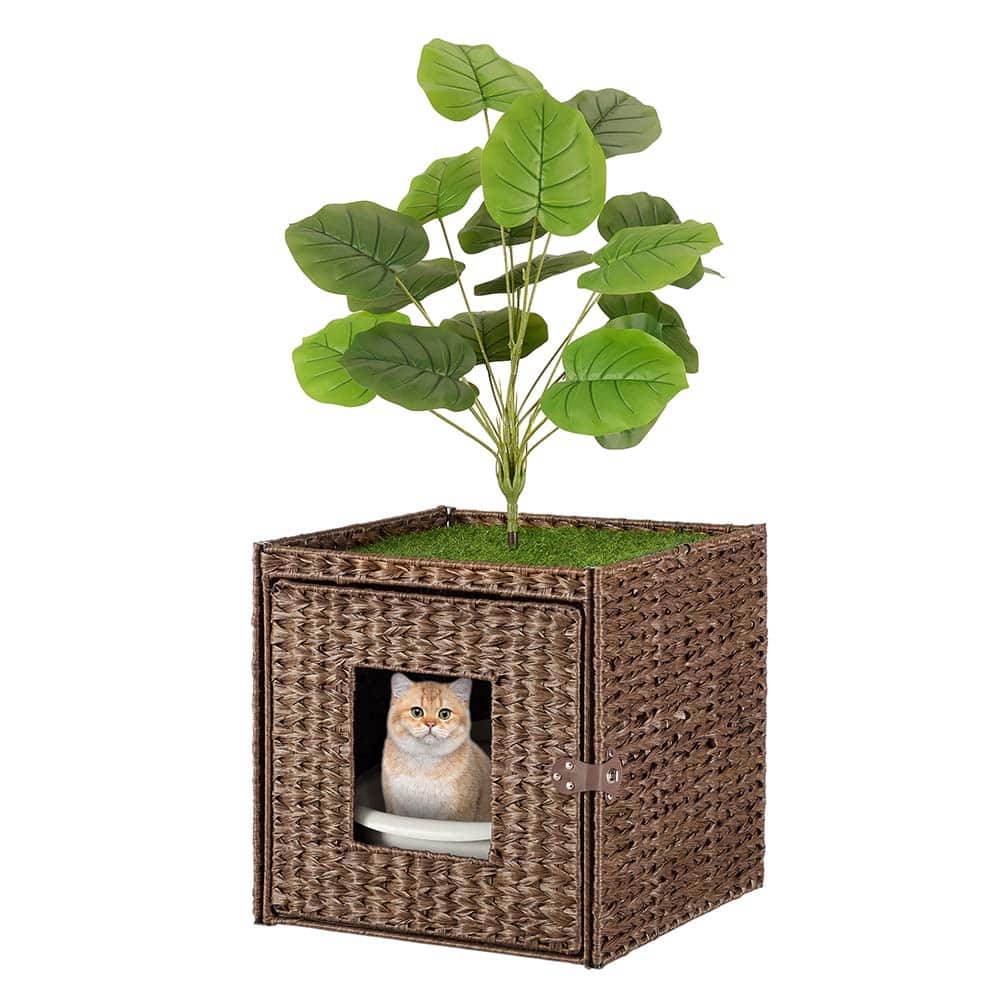 Cat Litter Box Enclosure with Faux Plant and Litter Mat, Hidden Handwoven Rattan Planter Cat House Furniture