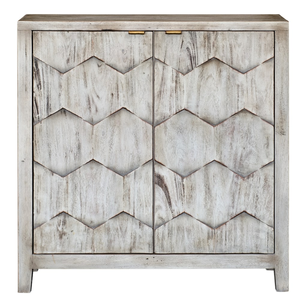 34" Catori Smoked Ivory Console Cabinet 3 Dimensional Honeycomb Design