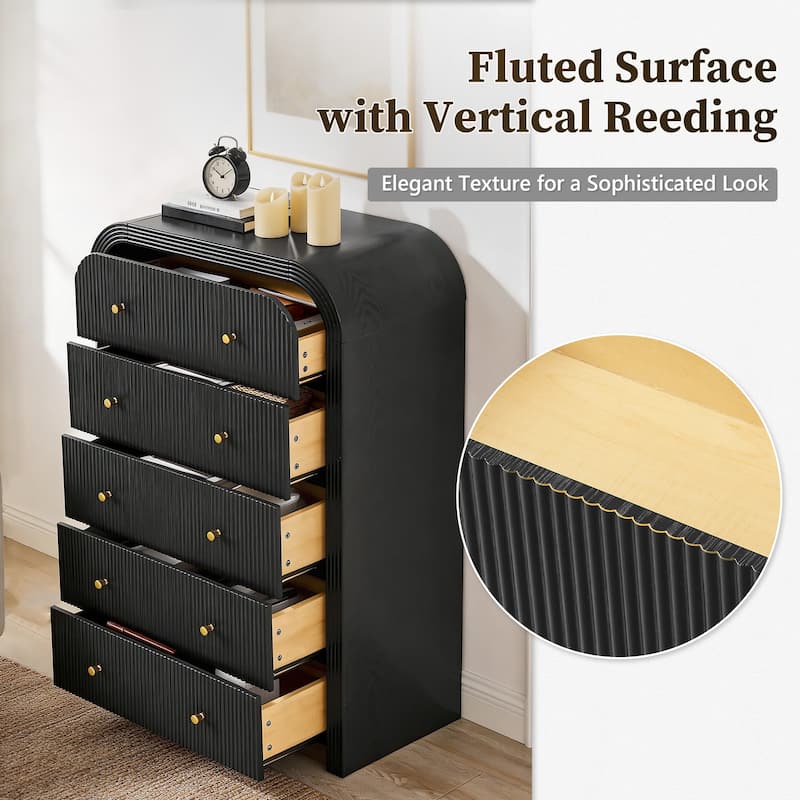 Modern Fluted 5 Drawers Dresser, Wood Chest of Drawers for Bedroom