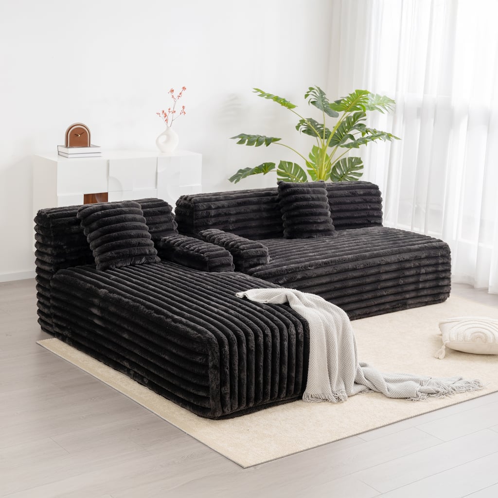 110" Black Faux Fur Sectional Sofa for Living Room, 2 Throw Pillows