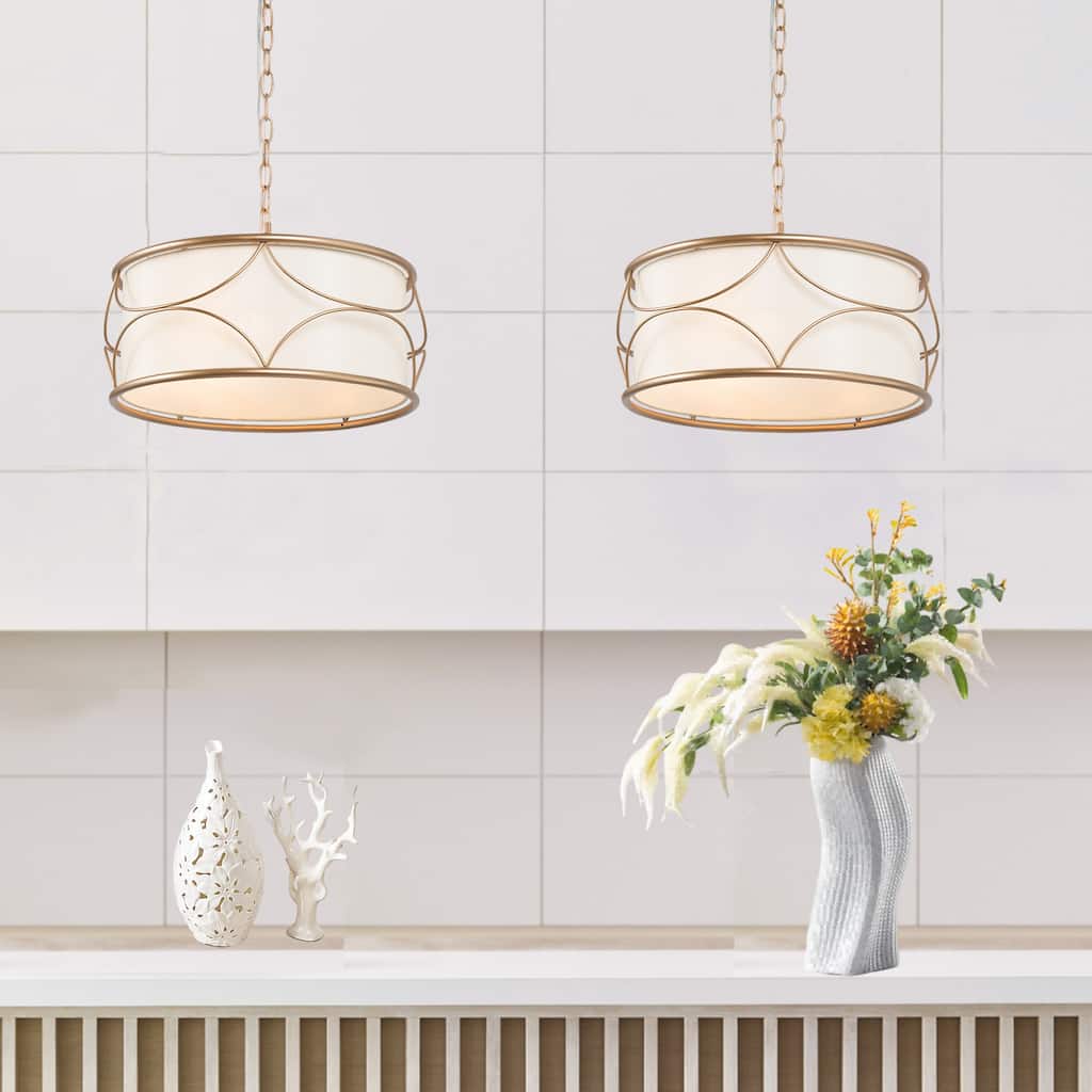 Bella Modern Farmhouse 3-light Drum Geometric Frame Chandeliers Off-white Fabric Shade Lighting - D17.5'' x H39.5''