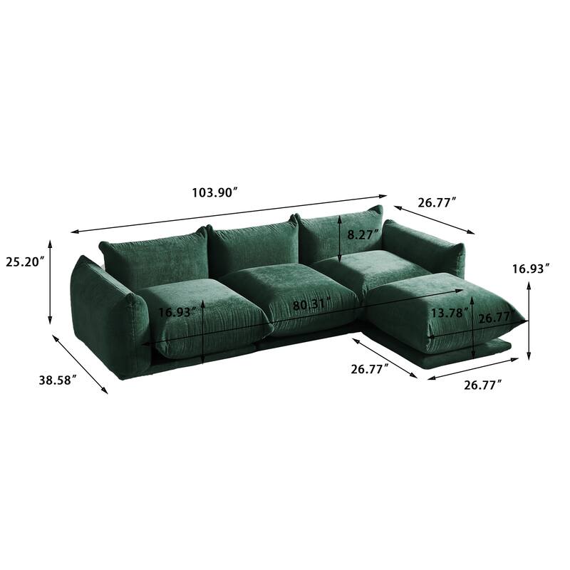3 Seat Chenille Fabric Sectional Sofa with Ottoman