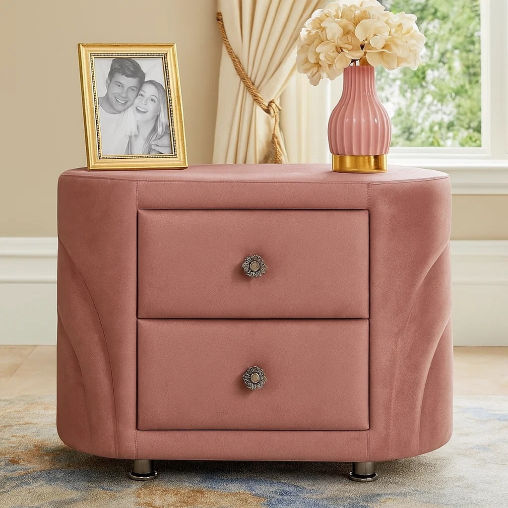 Sin 29 Inch Modern Nightstand, 2 Drawers, Round Metal Knobs, Velvet, Pink