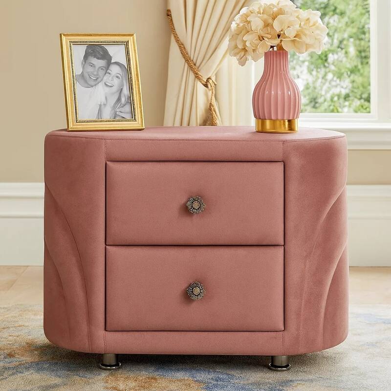 Sin 29 Inch Modern Nightstand, 2 Drawers, Round Metal Knobs, Velvet, Pink