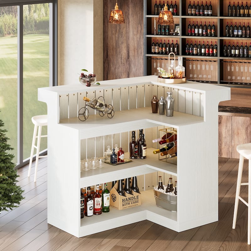Home Bar Unit, Corner Liquor Bar Table with Storage Shelves & Wine Glass Holder, Pub Reception Accent Cabinet Desk