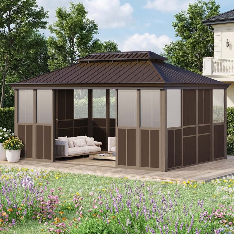 Hardtop Sunroom with Double Steel Roof, Sliding/Lockable Doors & Screens - All-Season Rustproof Aluminum Frame,Advanced Drainage - 12'x16'