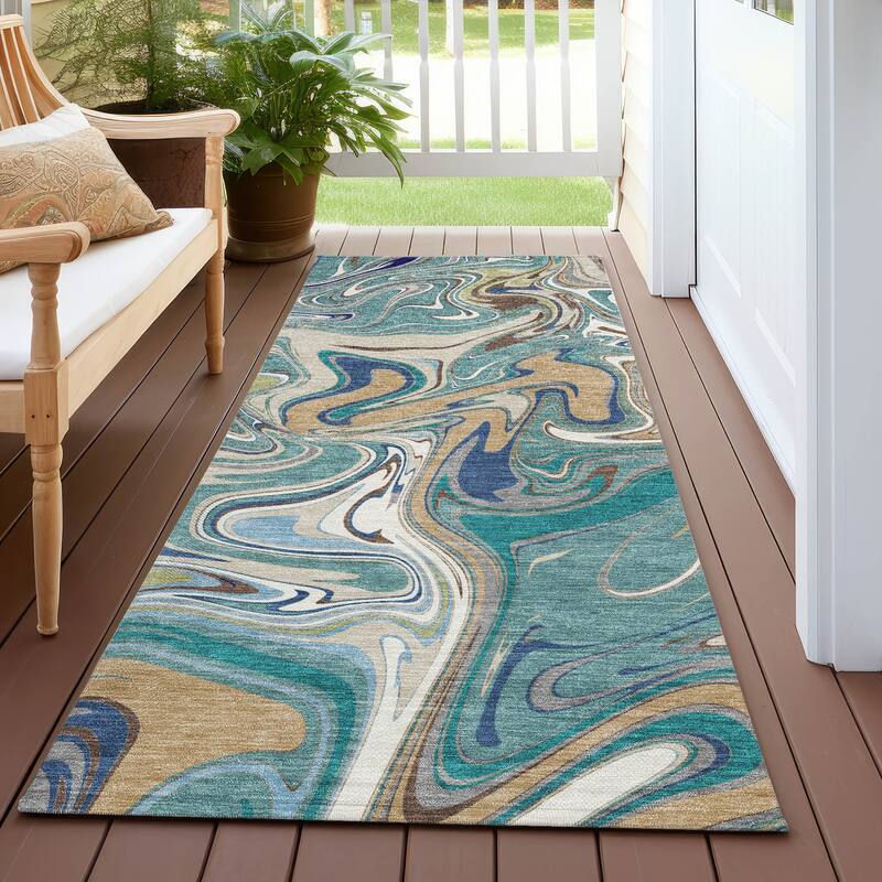 Machine Washable Indoor/ Outdoor Contemproary Fusion Chantille Rug - Teal - 2'3" x 7'6"