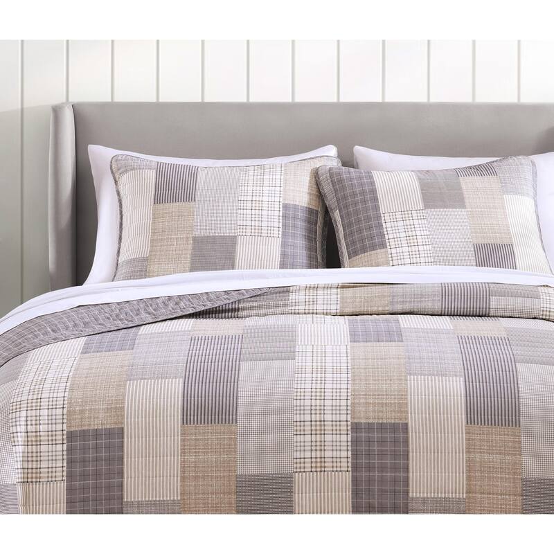 DESIGN STUDIO Lakeshore Plaid Grey Soft Cotton Reversible Quilt Set