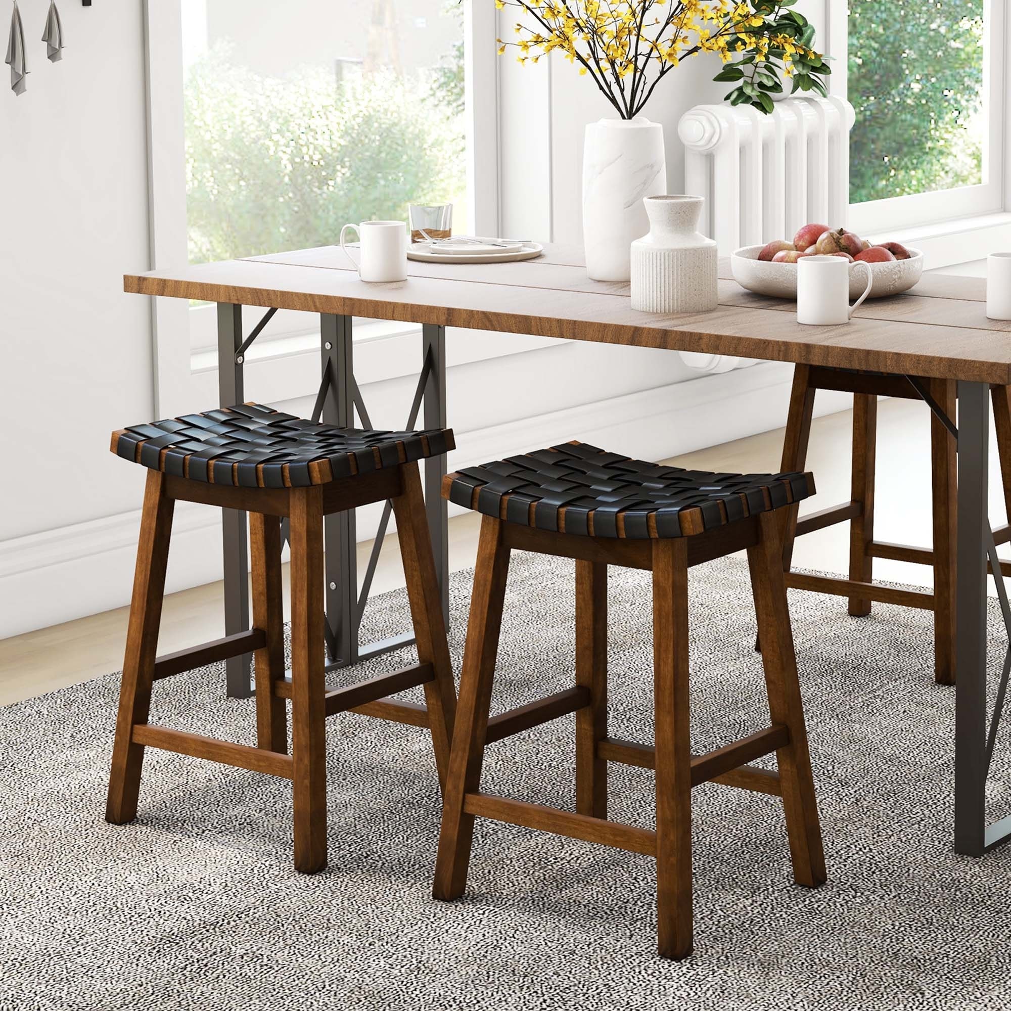 Set of 2 Woven Saddle Stools Faux PU Leather Kitchen Stool - Bed