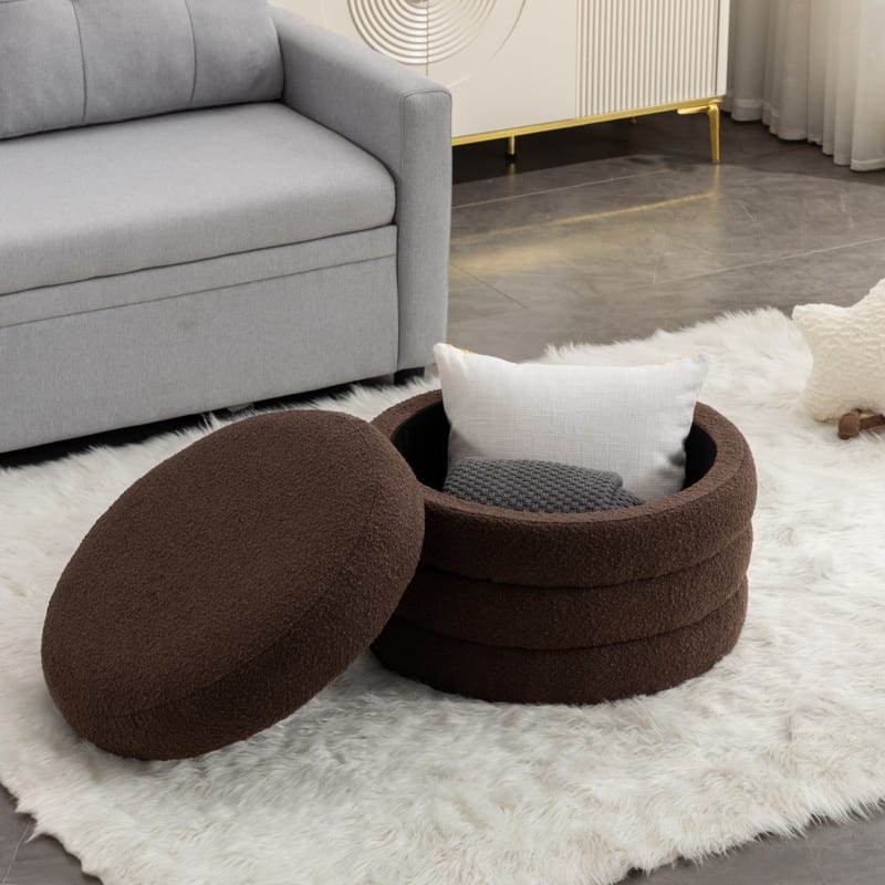 Boucle Fabric Storage Round Ottoman Footstool With Wooden Shelving