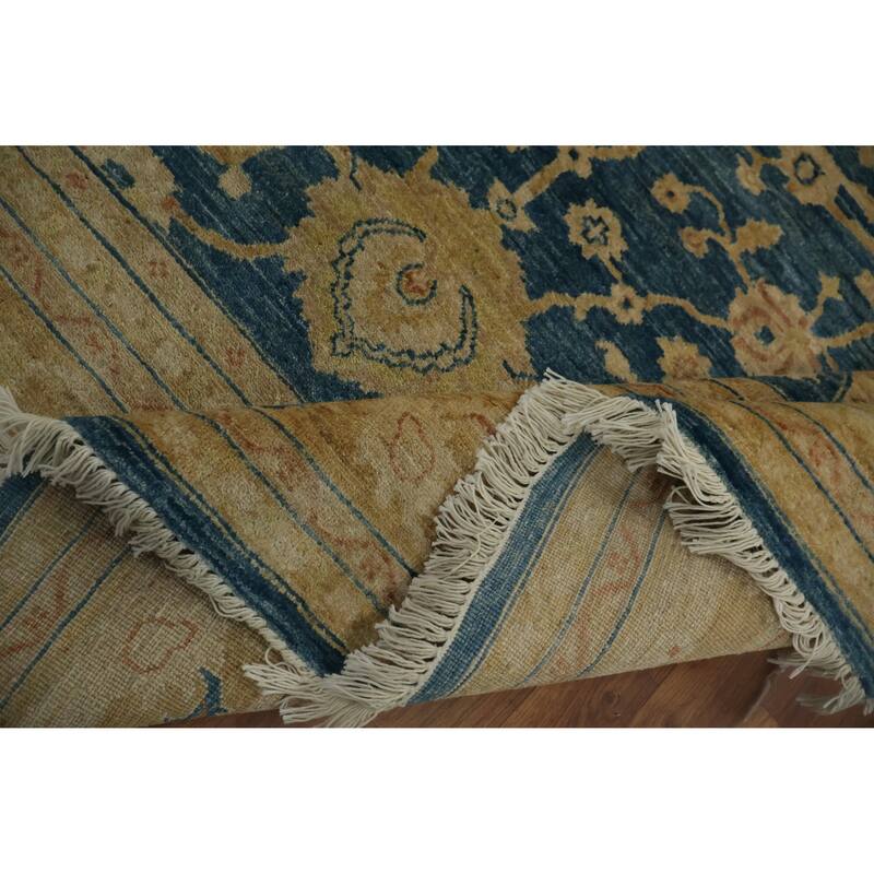 Hand Knotted Oriental 100% Wool Carpet Transitional Floral Navy Blue & Blues Oushak Area Rug - 9' 11'' X 8' 2''