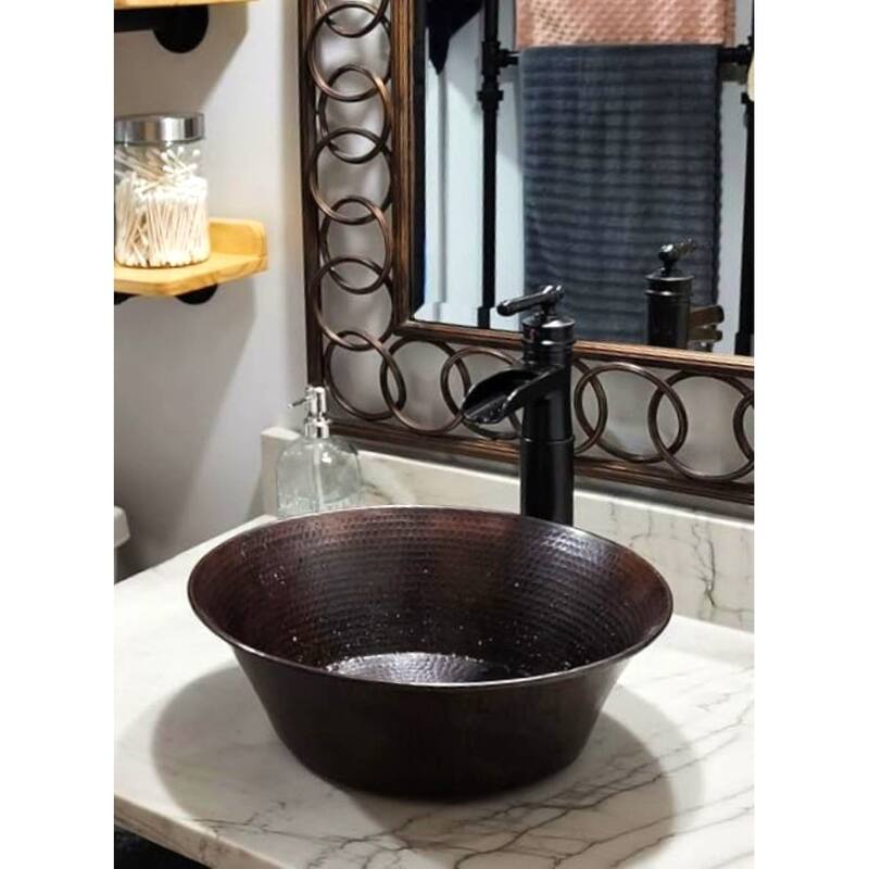 SimplyCopper 15" Round Copper Bathroom Sink – Aged Oil-Rubbed Finish – Surface Mount
