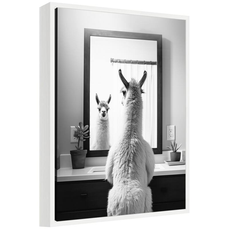 Kate and Laurel Sylvie Llama Bathroom Art Mirror Black and White Framed Canvas by The Creative Bunch Studio - 18x24 - White