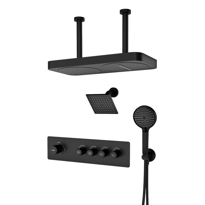 7-Spray Shower System 22.5 in. x 11.2 in. Dual Shower Head Ceiling Mount Fixed and Handheld Shower 2.5GPM in Matte Black