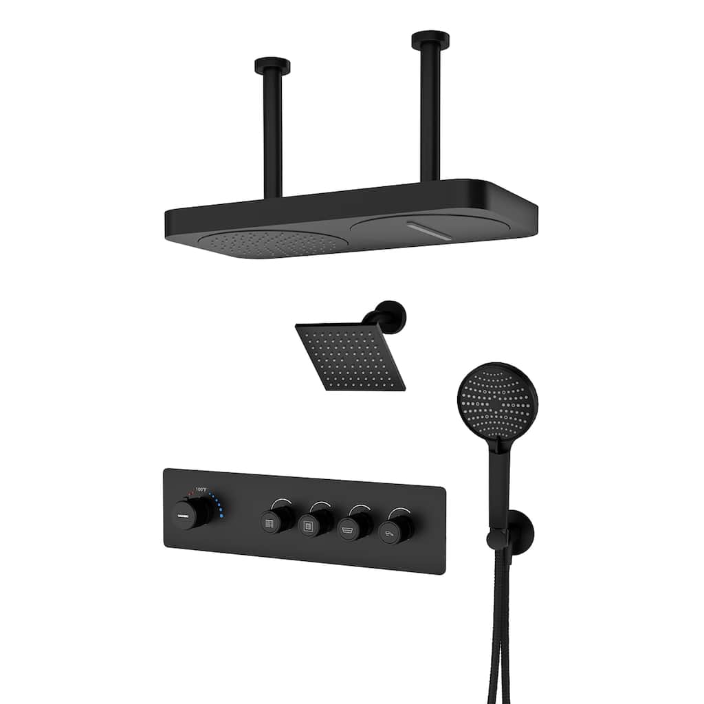 7-Spray Shower System 22.5 in. x 11.2 in. Dual Shower Head Ceiling Mount Fixed and Handheld Shower 2.5GPM in Matte Black
