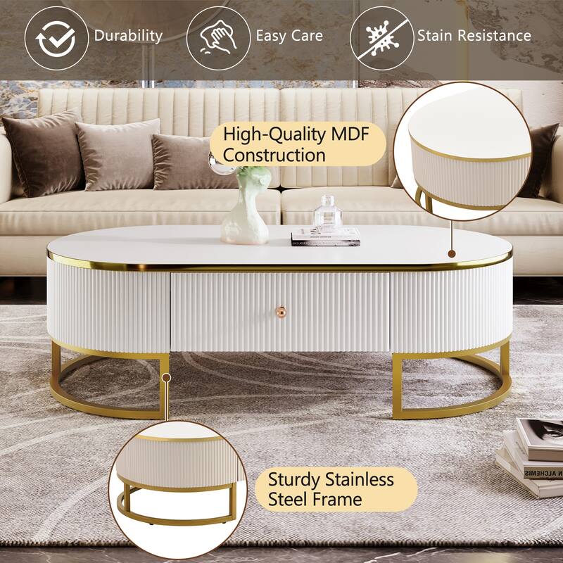 Roomfitters Modern Oval Coffee Table with Storage, Gold Metal Base, Curved Profile Design, White Center Table 47.2"