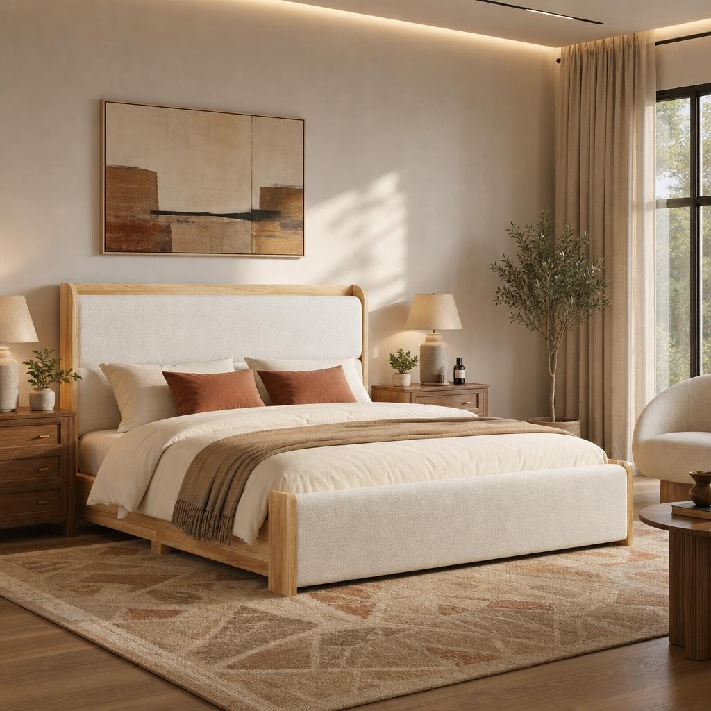 Solid Wood Platform Bed with Cream Bouclé Upholstered Headboard by Harper&Bright Designs