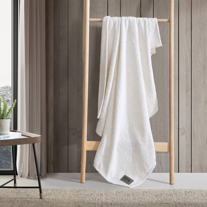 Eddie Bauer Woodblock Floral Embossed Signature Plush Throw Blanket - White