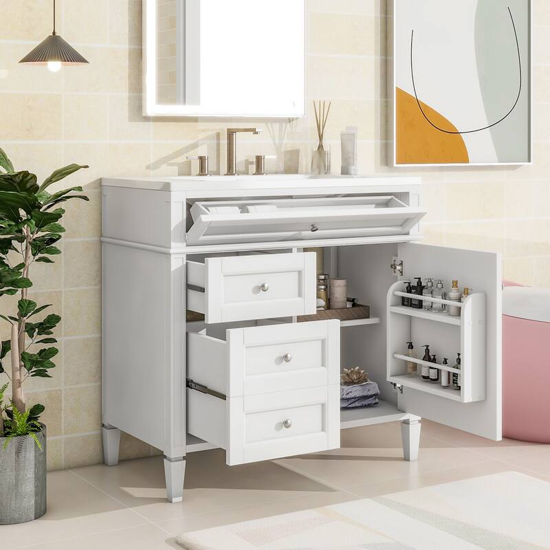 30''/36'' Bathroom Vanity with Top Sink, Modern Bathroom Storage Cabinet with 2 Drawers, a Tip-out Drawer & Adjustable Shelf
