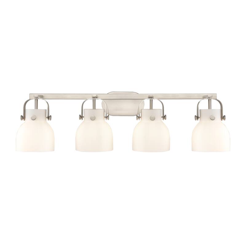 Innovations Lighting Pilaster II Bell - 4 Light 6" Wall-Mounted Bath Vanity Light - Satin Nickel/Matte White