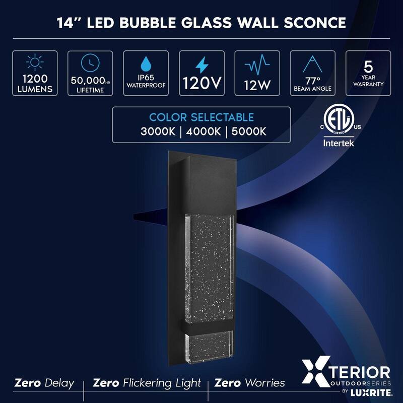 Luxrite Modern LED Outdoor Wall Light, Seeded Bubble Glass Wall Sconce, 3CCT 3000K 4000K 5000K, 14 Inch, 12W, Black...