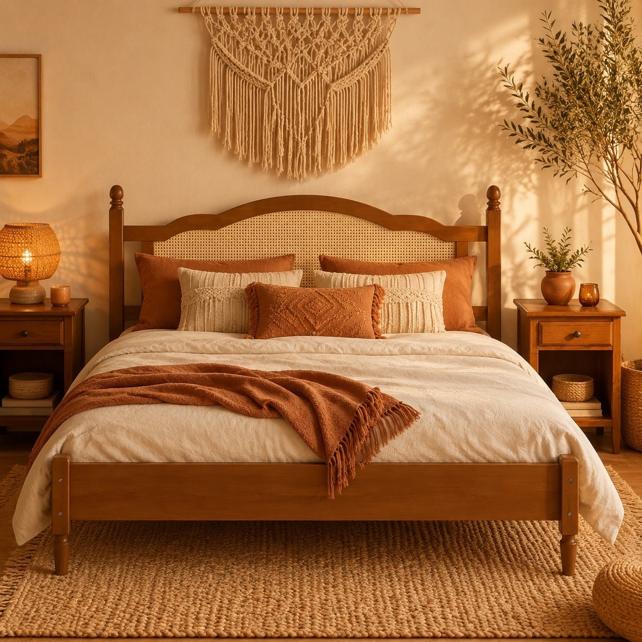 King Platform Bed with Natural Rattan Headboard, Walnut Wood Bed Frame, Wooden Slat Support