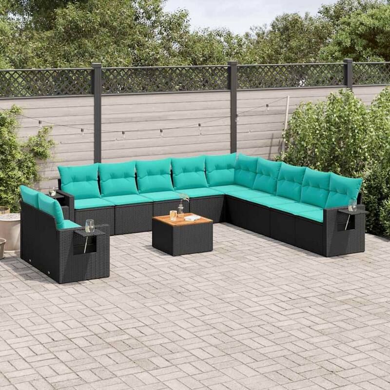 vidaXL 12 Piece Patio Sofa Set with Cushions Black Poly Rattan - 24.4" x 24.4" x 27.2" - Black and blue